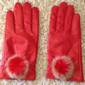 NWOT Red Leather "S" Gloves w/Rabbit Pom Pom Ladylike Quiet Lux Avant Garde Chic
